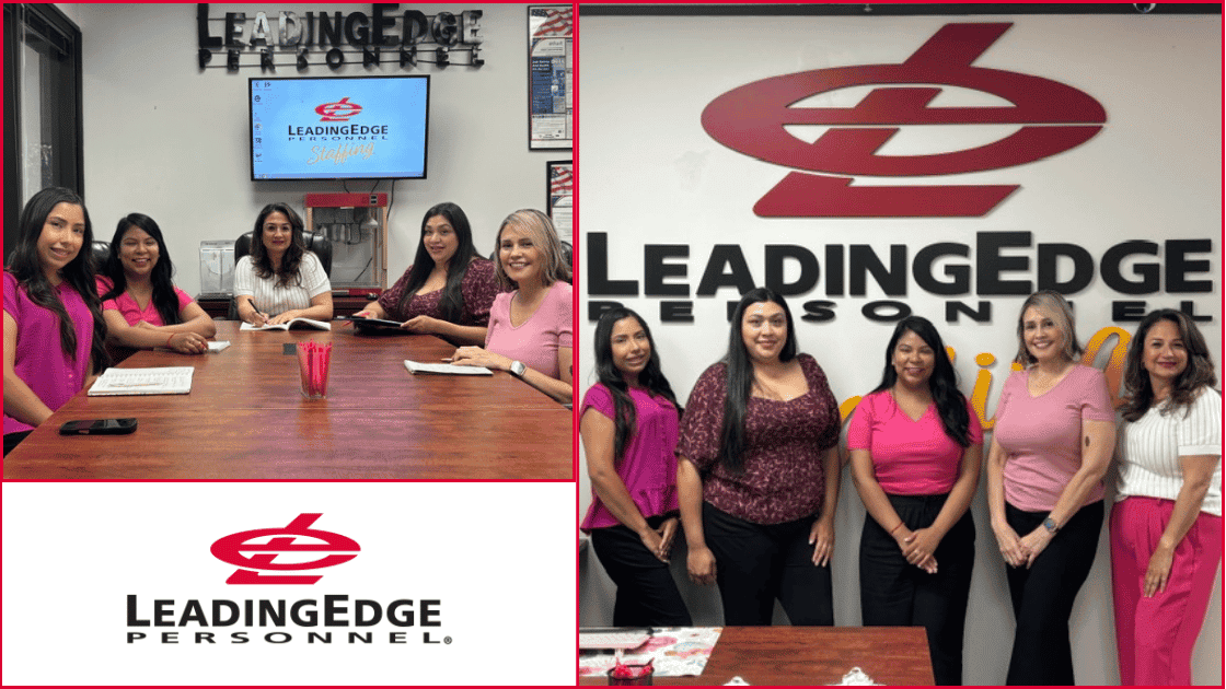 two images of the LeadingEdge personnel team with the logo in the background