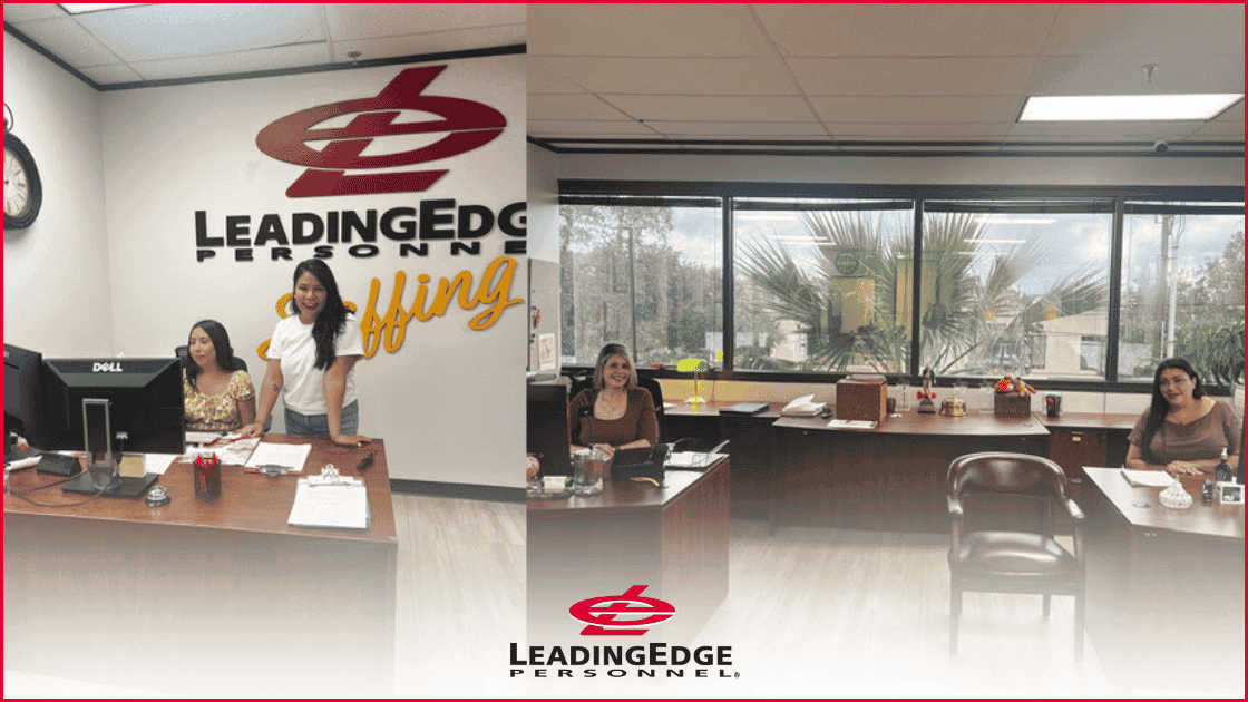 Two images of the leadingEdge team side by side - one of two women at a front desk and one of two women sitting at their desks smiling at the camera